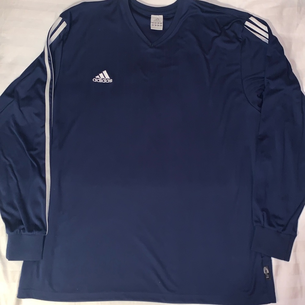 Adidas navy Climalite V neck woven in stripe jersey EUC